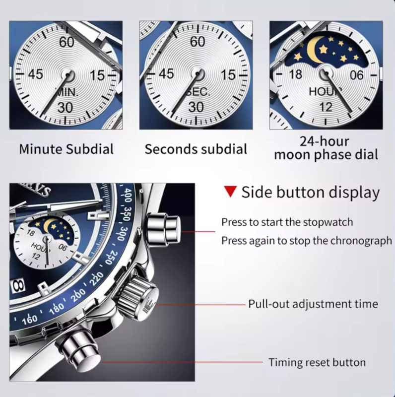 OLEVS Men's Watches Top Luxury Original Quartz Wrist Watch for Men Chronograph 24 hour Lunar Phase Calendar Waterproof ManWatch Sleek design