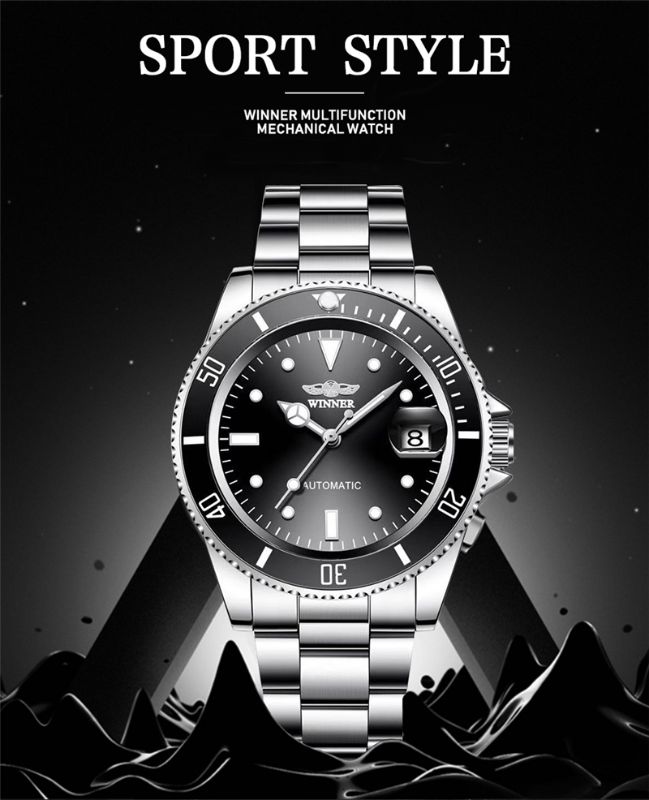 WINNER Classic Mechanical Watches Luxury Brand Business Automnatic Watch for Men Rotatable Bezel Luminous Dial Steel Strap Clock