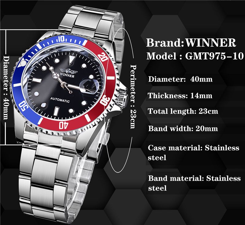 WINNER Brand Classic Mechanical Watches Luxury  Business Automnatic Watch for Men Rotatable Bezel Luminous Dial Steel Strap Clock