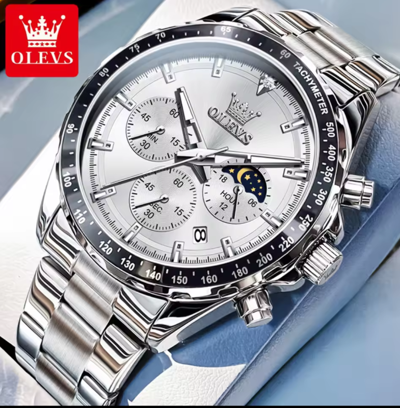 OLEVS Men's Watches Top Luxury Original Quartz Wrist Watch for Men Chronograph 24 hour Lunar Phase Calendar Waterproof ManWatch Sleek design
