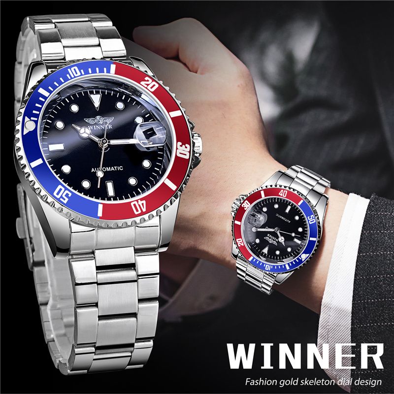 WINNER Brand Classic Mechanical Watches Luxury  Business Automnatic Watch for Men Rotatable Bezel Luminous Dial Steel Strap Clock