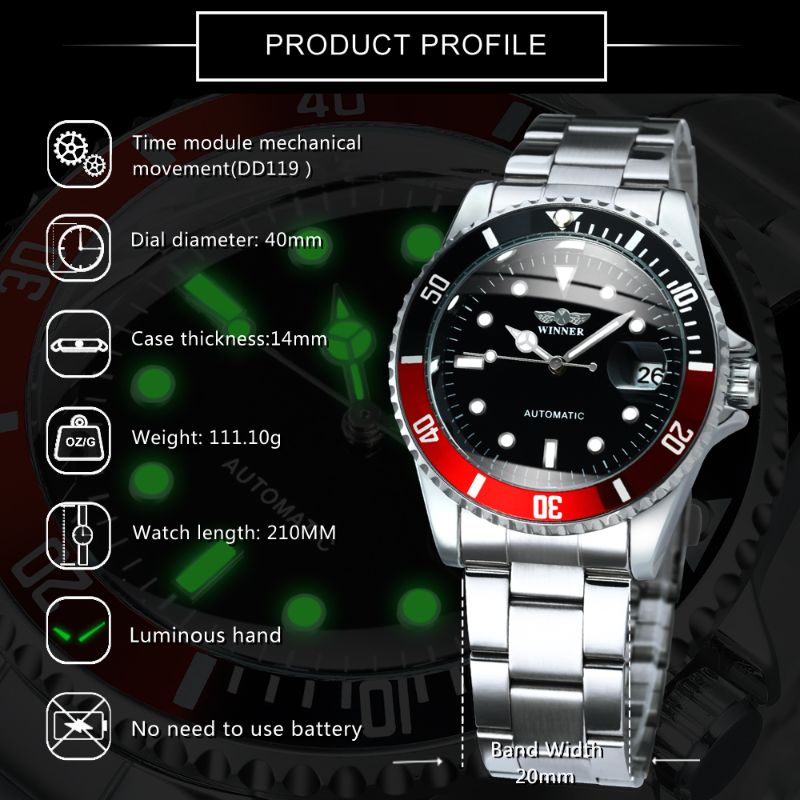 Classic Mechanical Watches Luxury WINNER Brand Business Automnatic Watch for Men Rotatable Bezel Luminous Dial Steel Strap Clock