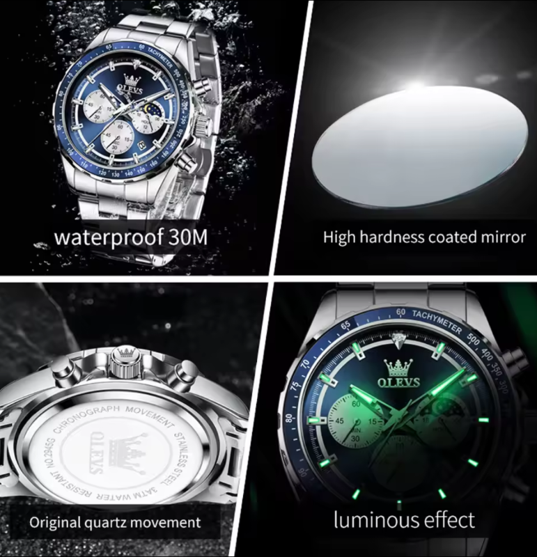OLEVS Men's Watche*s Top Luxury Original Quartz Wrist Watch for Men Chronograph 24 hour Lunar Phase Calendar Waterproof Man Watch