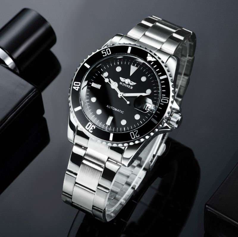 WINNER Classic Mechanical Watches Luxury Brand Business Automnatic Watch for Men Rotatable Bezel Luminous Dial Steel Strap Clock