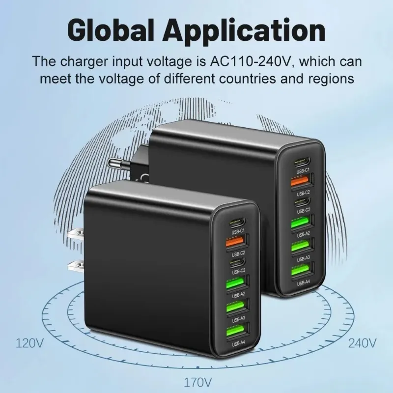 65W 6-Port Wall Charger – 4 USB &amp; 2 Type-C Quick Charge Adapter for iPhone, Samsung, Xiaomi, Huawei, Oppo
