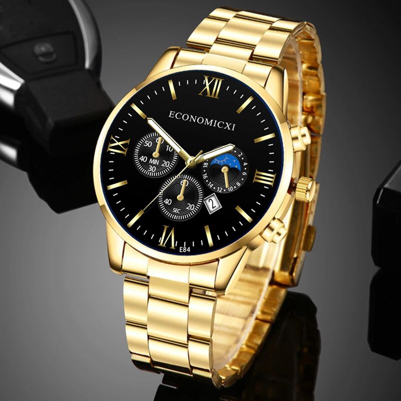 Q-3540 Quartz Watch 2Pcs Men’s Fashion Business Casual Quartz Watch &amp; Alloy Bracelet Set