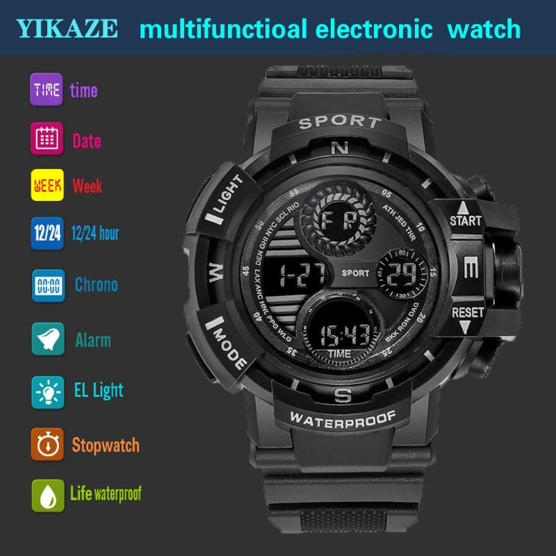 YIKAZE-S10 Black Digital Sports Watch – Waterproof Military LED Chronograph for Men