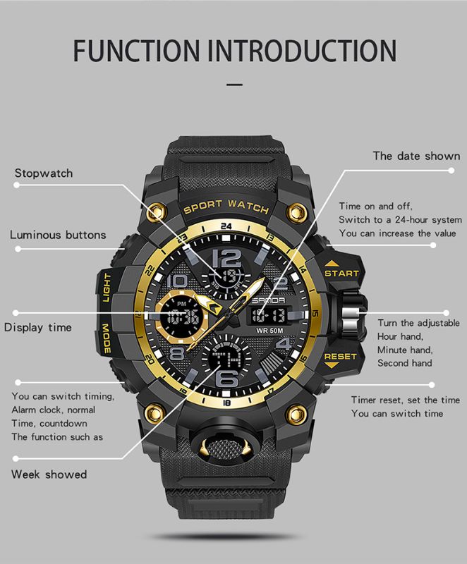 SANDA-60210 Men’s Sports Watch – Dual Display Waterproof Quartz &amp; LED Military Wristwatch