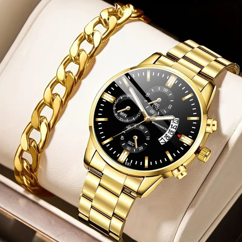 Q-2541 Men’s Fashion Business Casual Quartz Watch &amp; Alloy Bracelet Set
