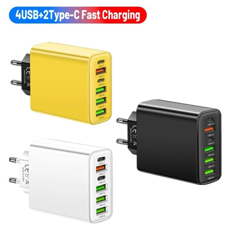 65W 6-Port Wall Charger – 4 USB &amp; 2 Type-C Quick Charge Adapter for iPhone, Samsung, Xiaomi, Huawei, Oppo