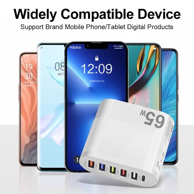 3.1A 5-Port USB Wall Charger 65W PD Adapter | QC 3.0 Fast Charging for iPhone, Samsung, Xiaomi, Huawei