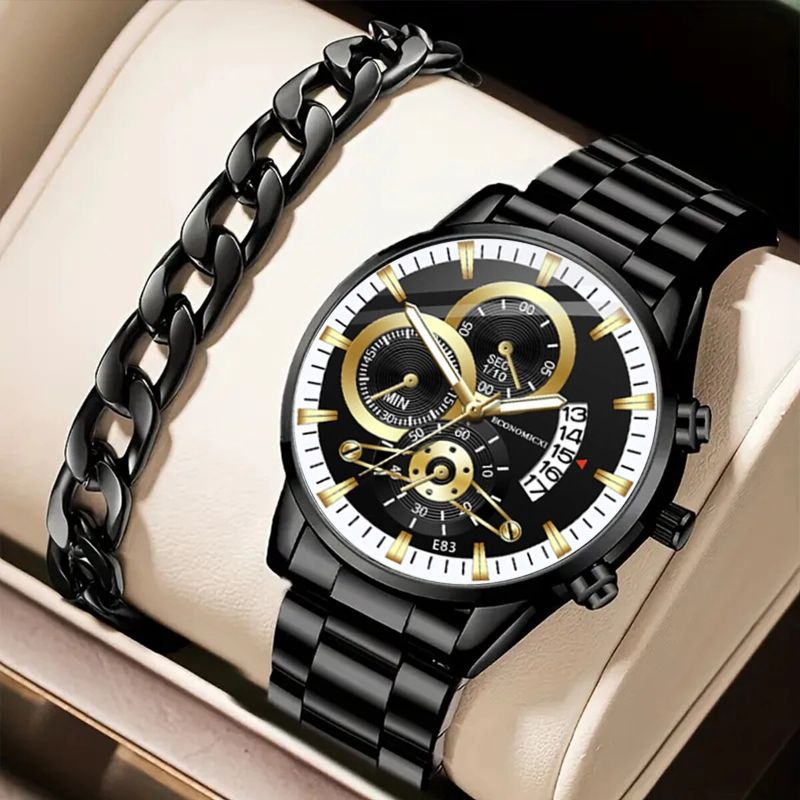 Q-4470 Men’s Quartz Watch &amp; Alloy Bracelet Set – Business Casual