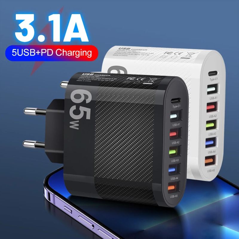 3.1A 5-Port USB Wall Charger 65W PD Adapter | QC 3.0 Fast Charging for iPhone, Samsung, Xiaomi, Huawei