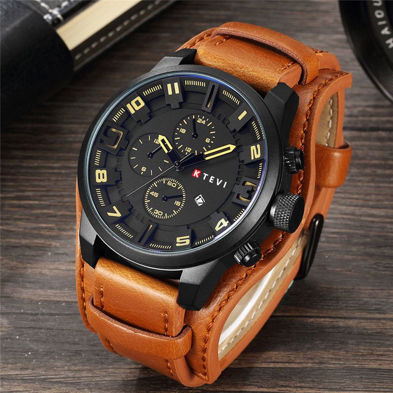 YIKAZE R-1150 Retro Men's Watches Classic Luxury Business Quartz Watch Fashion Big Dial Leather Strap Date Military Wristwatch for Men