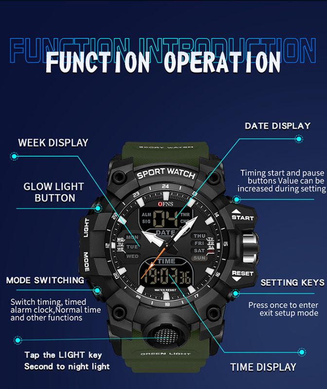 OFNS-S61260 Men’s Dual Display Sports Watch – Waterproof Military Quartz &amp; Digital Wristwatc