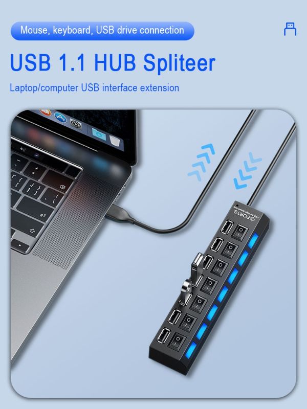 7-Port USB Splitter Hub with Independent Switches – Laptop & Desktop Expander
