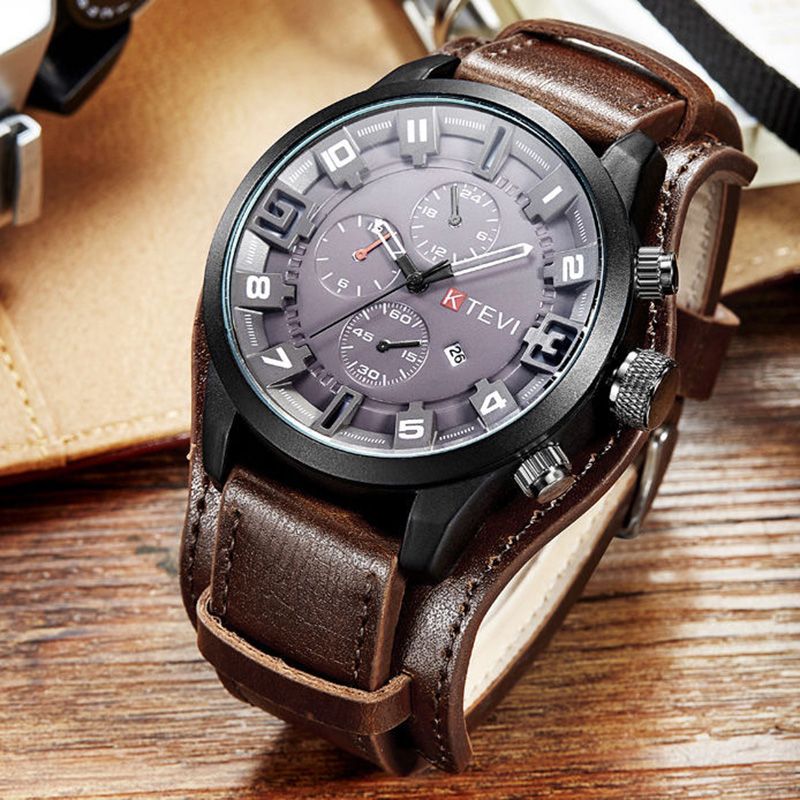 YIKAZE R-1150 Retro Men's Watches Classic Luxury Business Quartz Watch Fashion Big Dial Leather Strap Date Military Wristwatch for Men