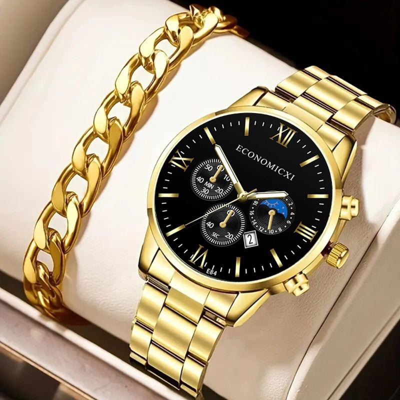 Q-3540 Quartz Watch 2Pcs Men’s Fashion Business Casual Quartz Watch & Alloy Bracelet Set