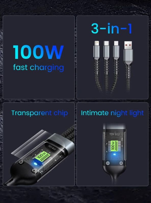 3-in-1 100W 5A Fast Charging USB Cable | Type-C / Lightning / Micro Charger for iPhone, Samsung & Xiaomi