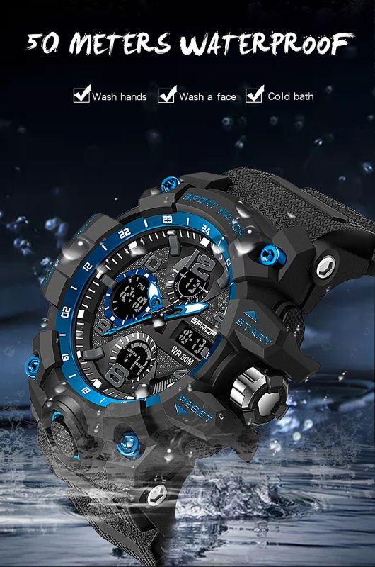 SANDA-60210 Men’s Sports Watch – Dual Display Waterproof Quartz &amp; LED Military Wristwatch