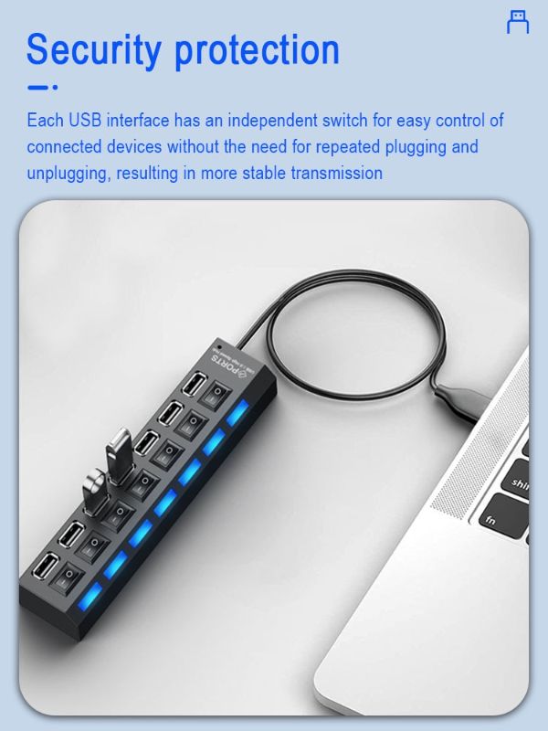 7-Port USB Splitter Hub with Independent Switches – Laptop & Desktop Expander