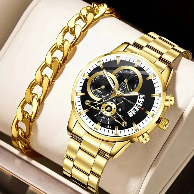Q-4470 Men’s Quartz Watch &amp; Alloy Bracelet Set – Business Casual