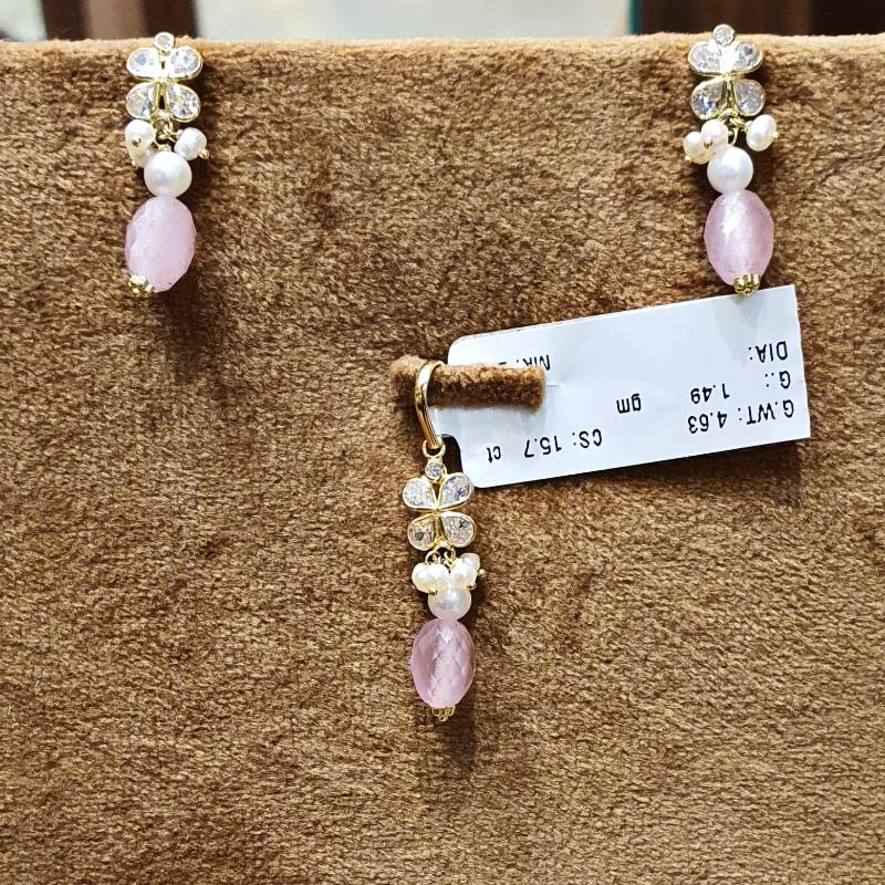 FLOWER PINK MONALISA GOLD ZIRCON POLKI PENDANT SET