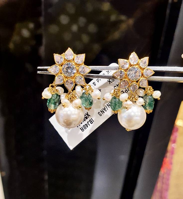 SUN FLOWER GREEN AVENTURINE GOLD ZIRCON POLKI EARRINGS
