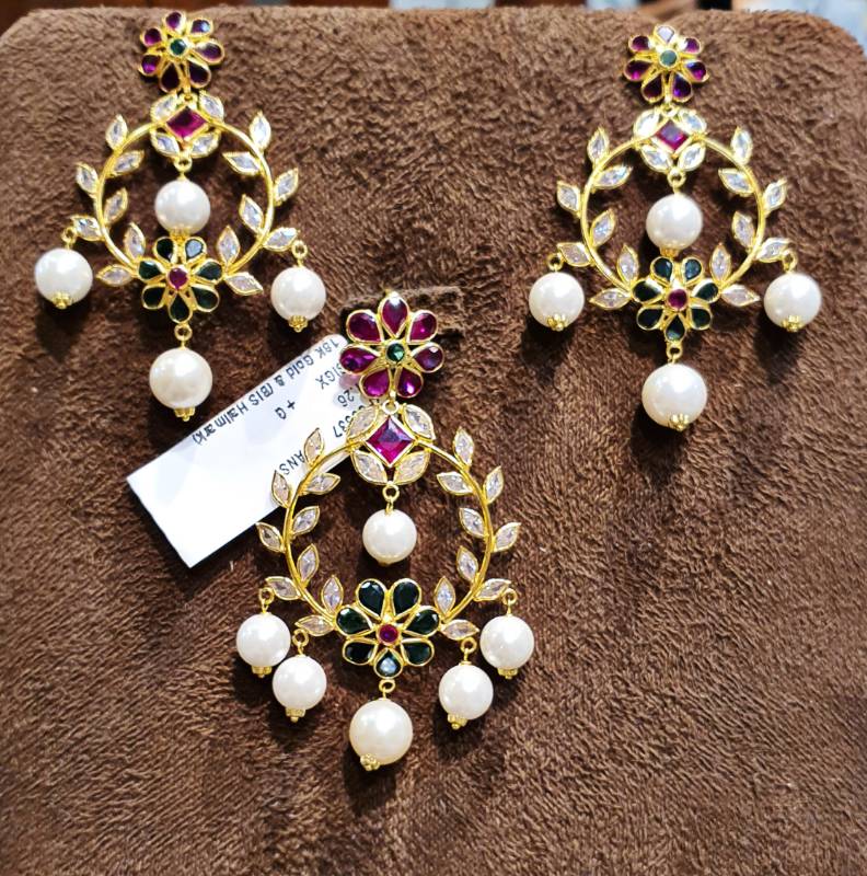 RED GREEN FLOWER CHAND BALI GOLD ZIRCON POLKI PENDANT SET