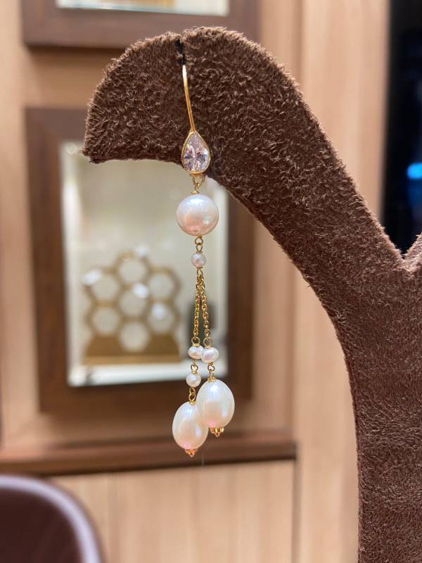 2L MOTI HANGING  GOLD ZIRCON POLKI EARRINGS