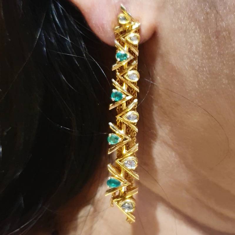EMERALD POLKI ZIG ZAK  GOLD JADAU POLKI EARRINGS