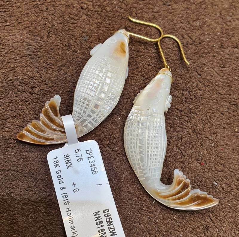 MOP FISH GOLD ZIRCON POLKI EARRINGS