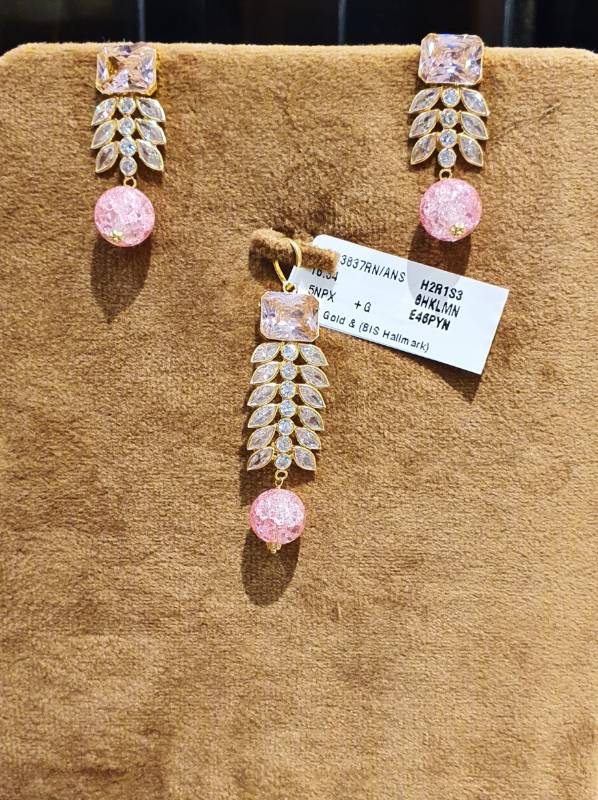 PINK LEAF GOLD ZIRCON POLKI PENDANT SET
