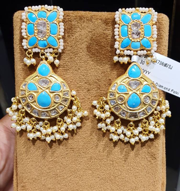SQUARE TURUOISE CHANDBALI LIGHT WT GOLD JADAU EARRINGS