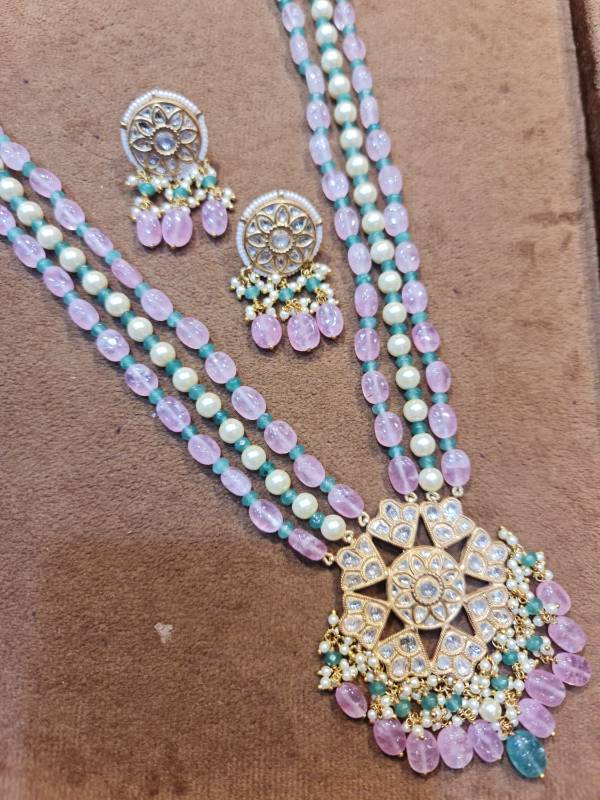ROSE QUARTZ ONYX DIAMOND POLKI LIGHT WT GOLD JADAU PENDANT SET