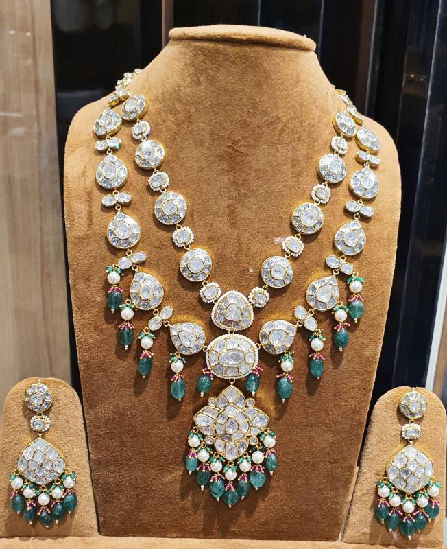 RND PEAR DBL LINE GOLD JADAU POLKI NECKLACE SET