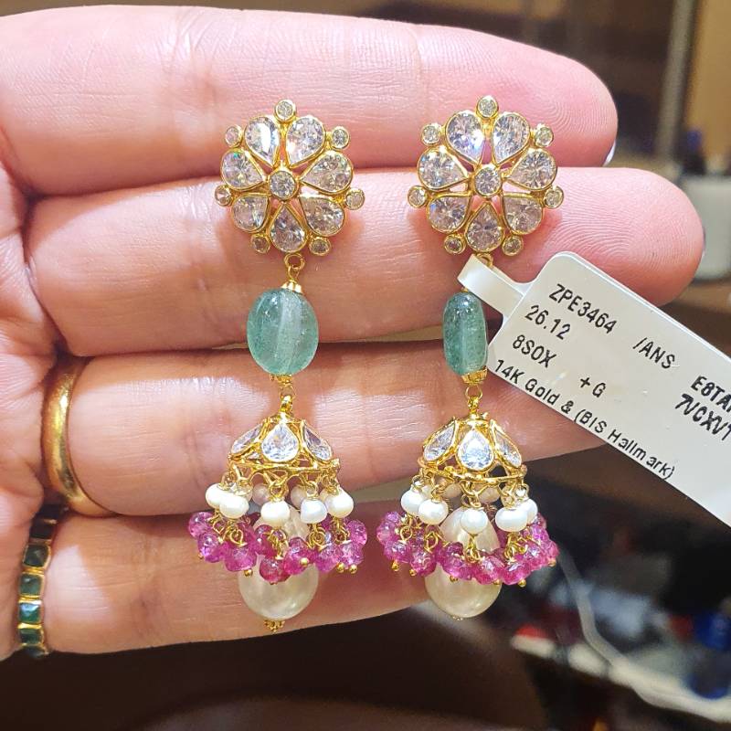 RUB MOTI JHUMKA GOLD ZIRCON POLKI EARRINGS