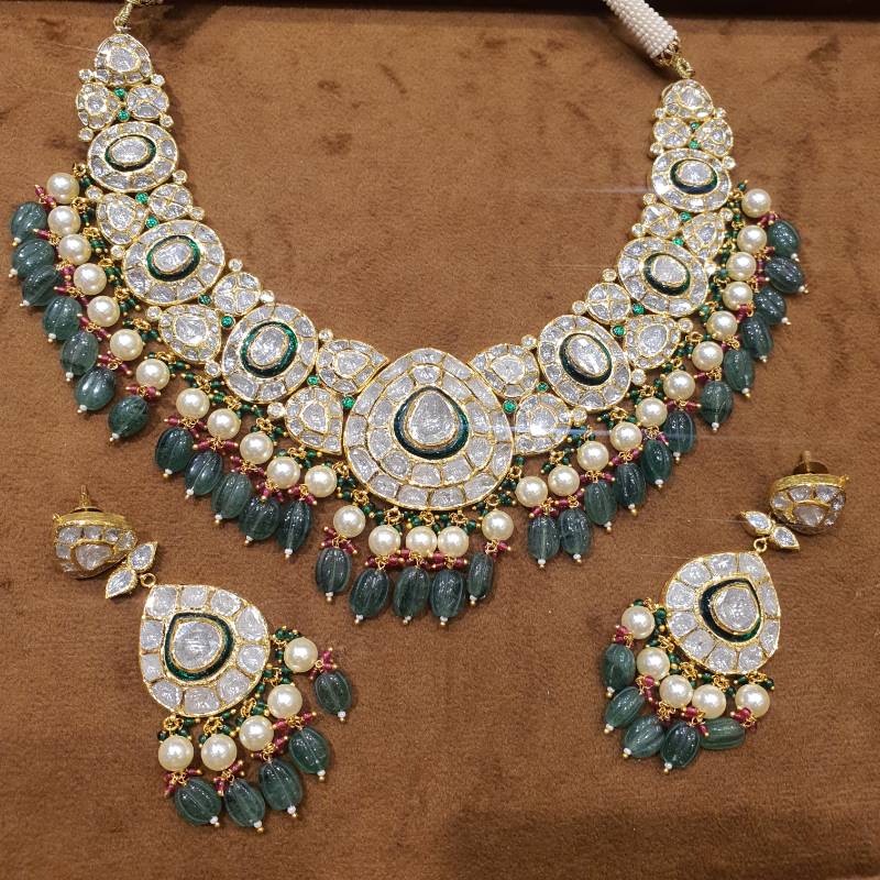 GREEN TAKKAR KHURBUJA GOLD JADAU POLKI NECKLACE SET