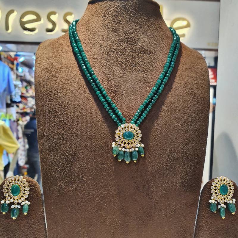 GREEN STONE MOTI  GOLD ZIRCON POLKI PENDANT SET