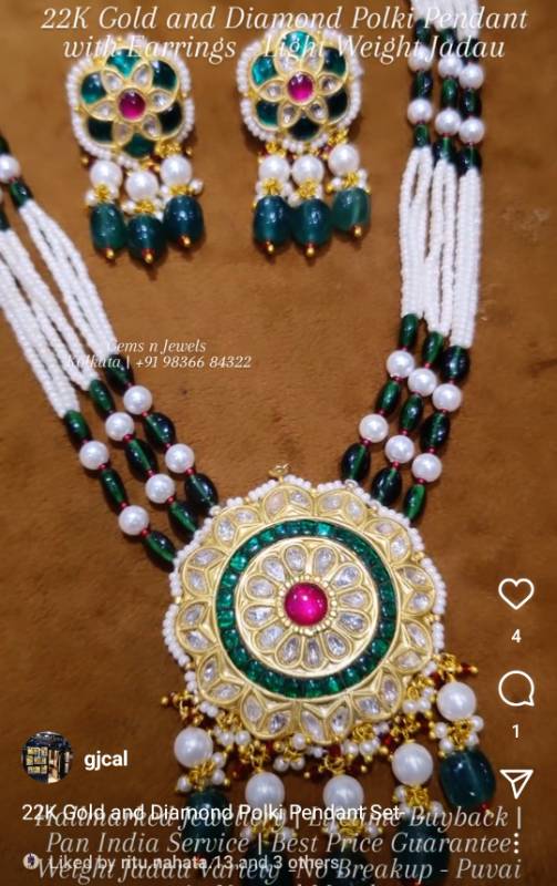DIAMOND POLKI GREEN TAKER RED POTA LIGHT WT GOLD JADAU PENDANT SET