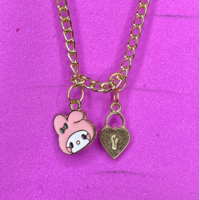 Pink Kitty and Lock Heart Chain Necklace