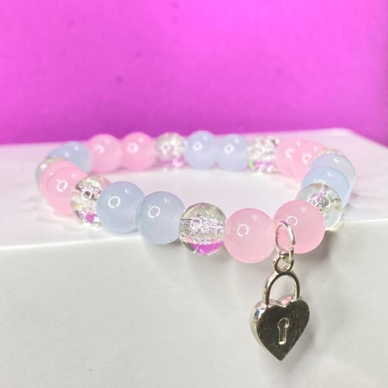 Silver Heart with pink and blue Beeds Bracelet