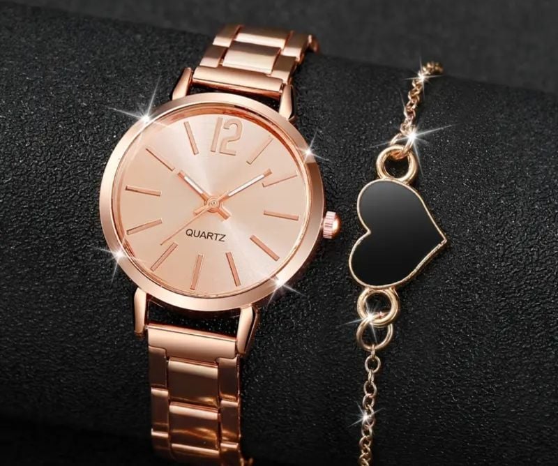 Rose Gold Watch With Heart Bracelet