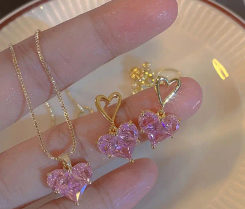Pink Heart Necklace with Earrings