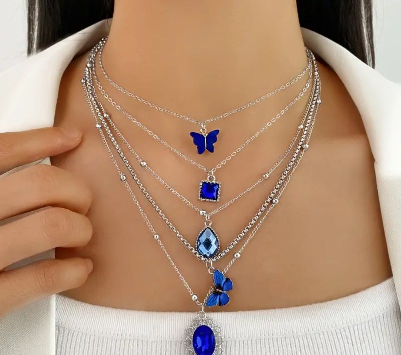 Imported Silver Mix Blue Charm Necklace