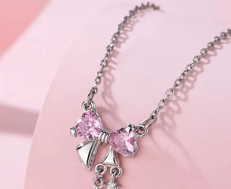 Silver pink Bow Necklace
