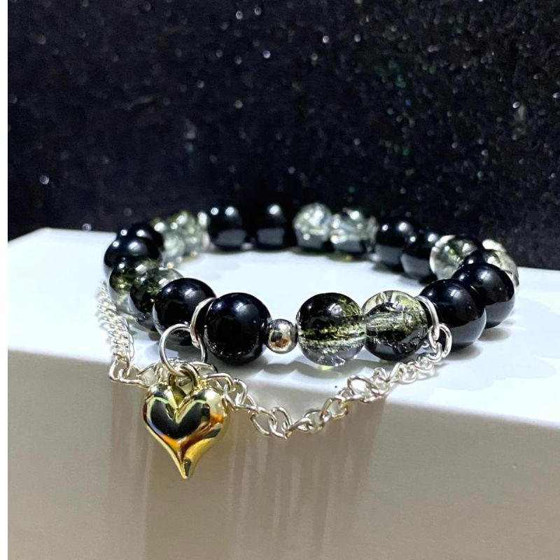 Black White Silver Heart Beeds Bracelet