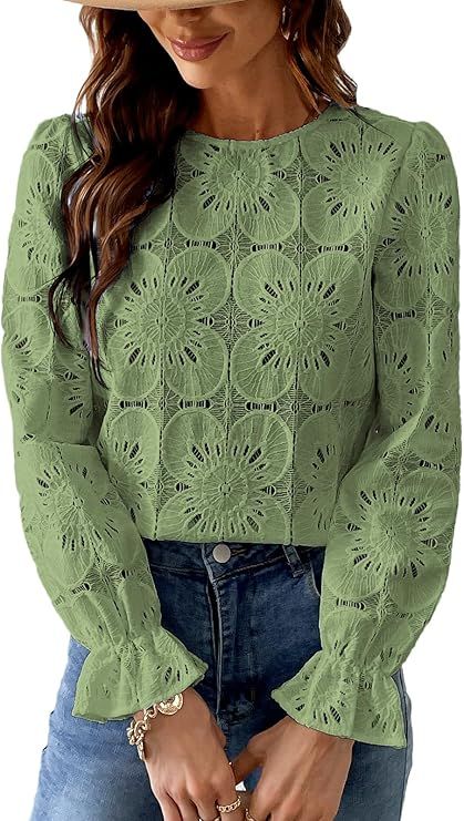 Women Blouse Cutout Flower Top Round Neck Long Sleeve Elastic Cuffs Elegance Shirt