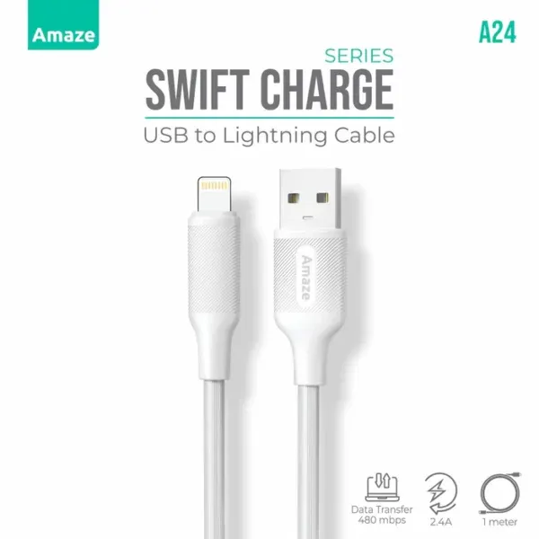 AMAZE SWIFT CHARGE USB TO IP CABLE 2.4A 1M – WHITE – BIS