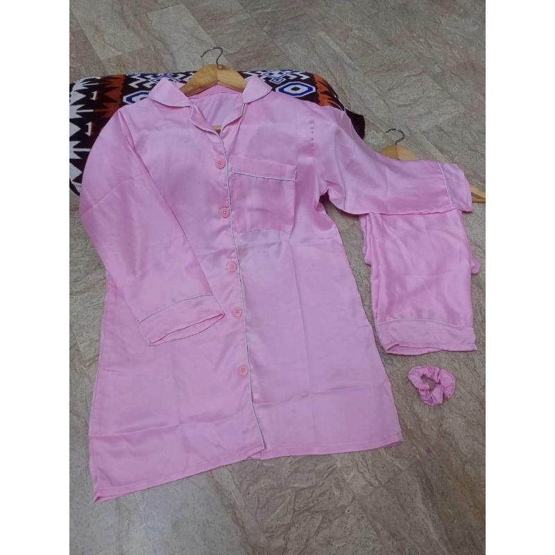 3pcs women's stitched silk plain night suit